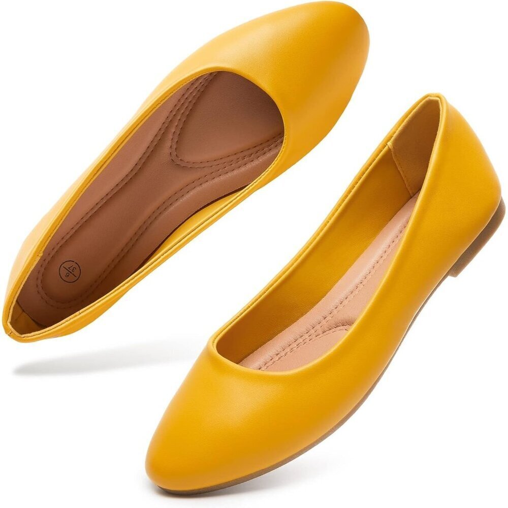 Women's Yellow PU Leather Closed Toe Slip on Comfortable Ballet Flats Shoes